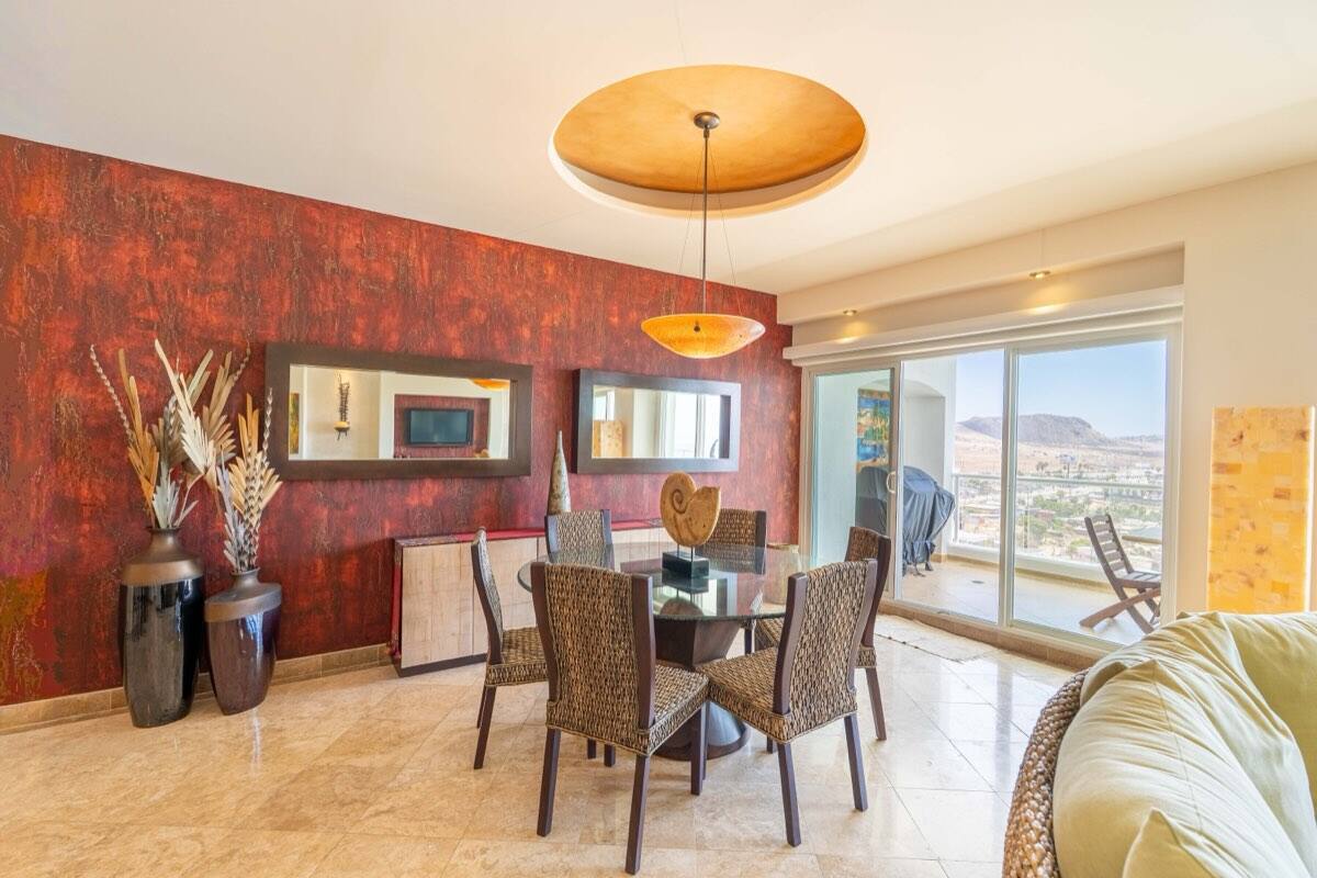 Dining area with ocean windows