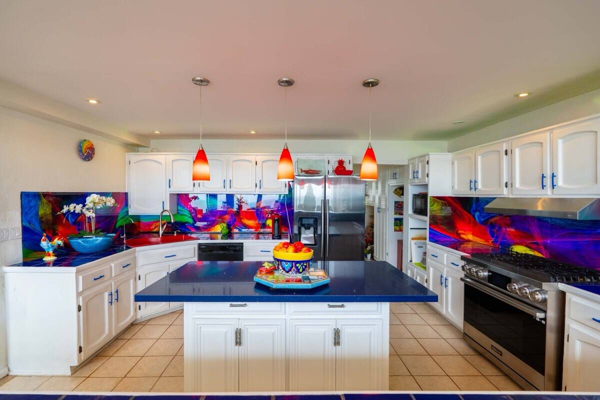 Kitchen with large centre island and ocean views